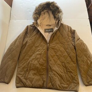 Eddie Bauer Brown Quilted Jacket with Faux Fur Hood & fleece lining